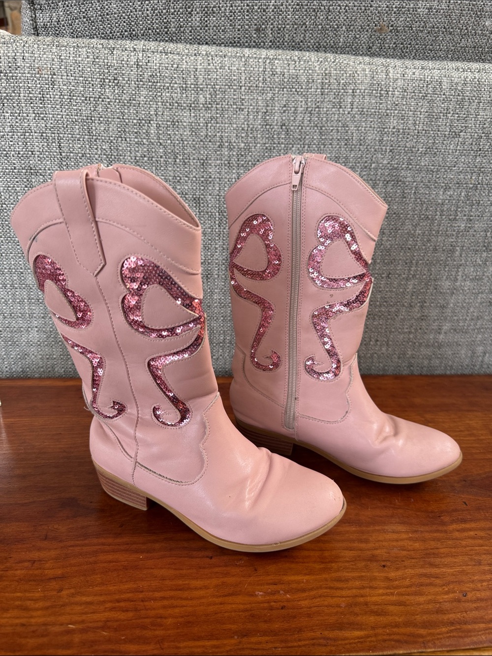 Sugar Girls Baysie Pink Sequin Heart Inlay Western Cowboy Boots Size 2M